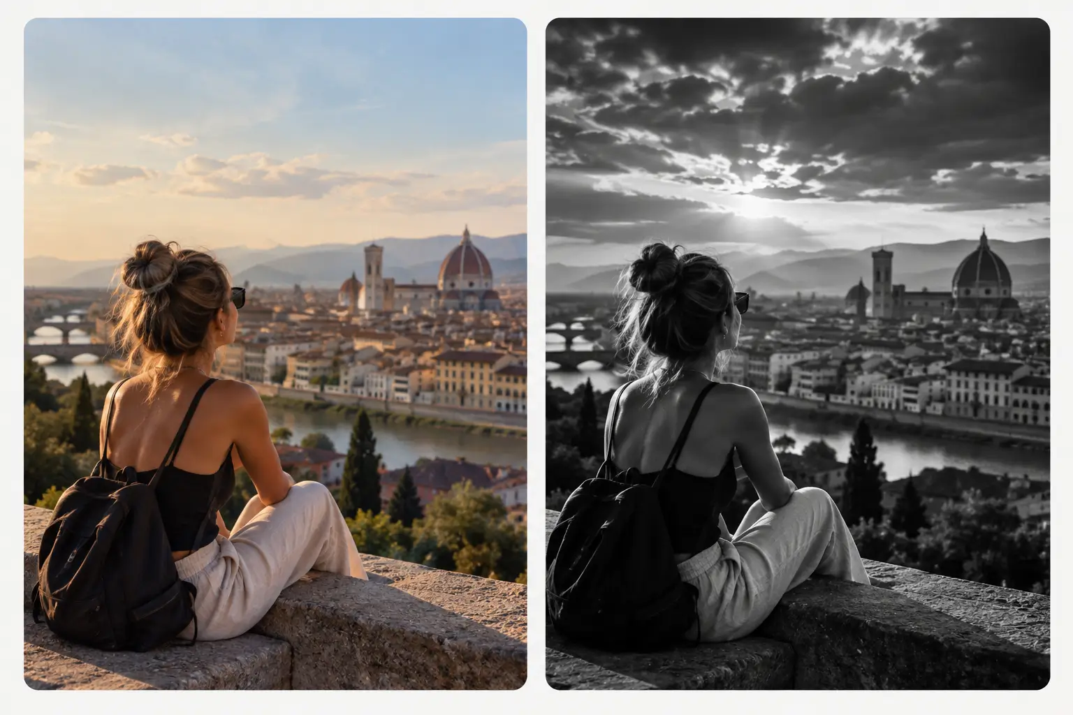 Foto de viaje en Florencia convertida a blanco y negro cinematográfico