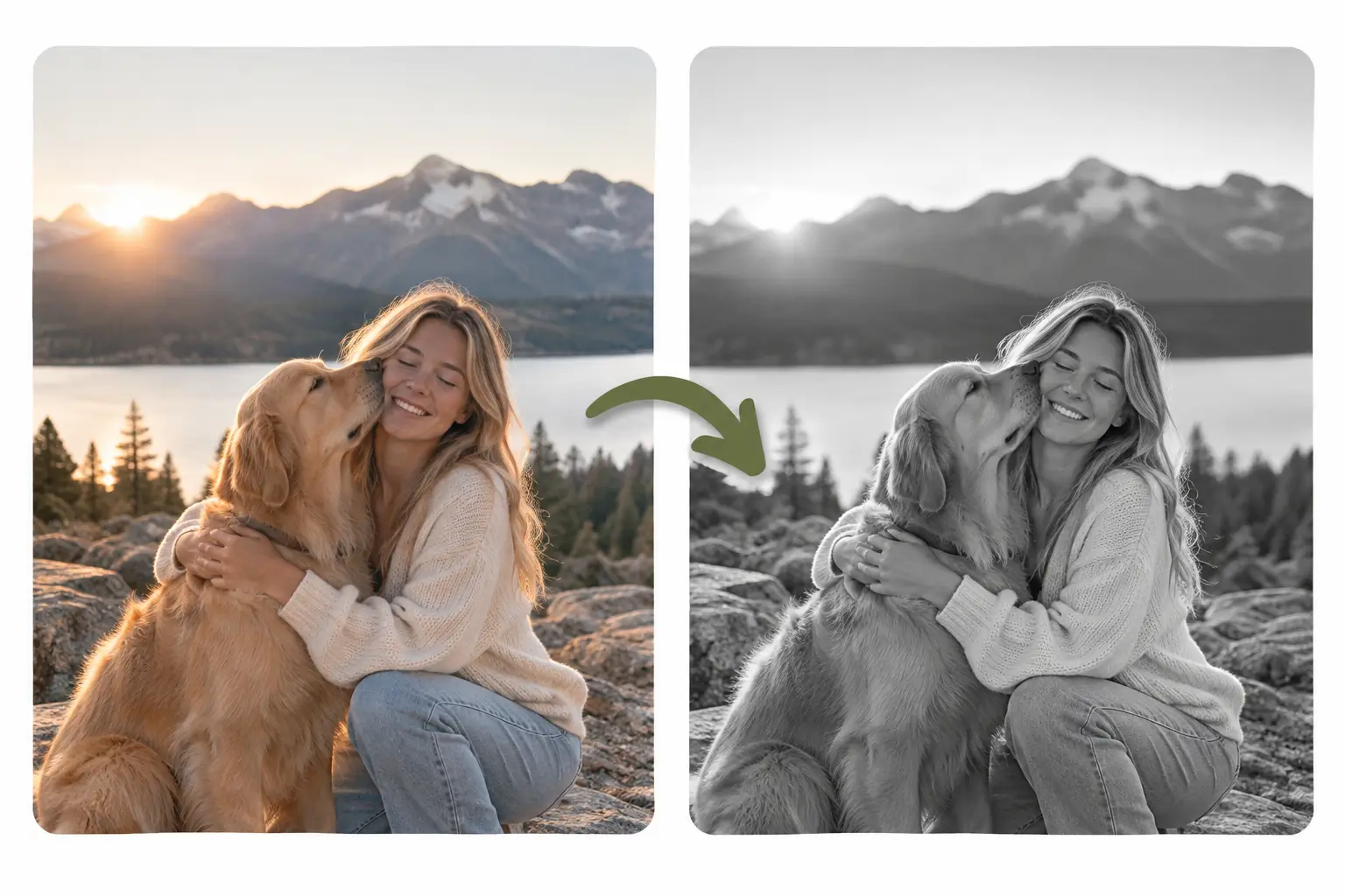 Mujer con perro convertida a blanco y negro