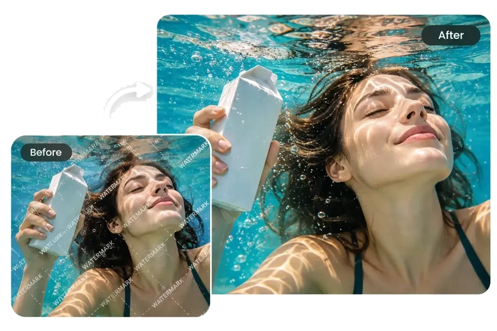 Ejemplo antes y después de eliminar marcas de agua en foto de agua y reflejos