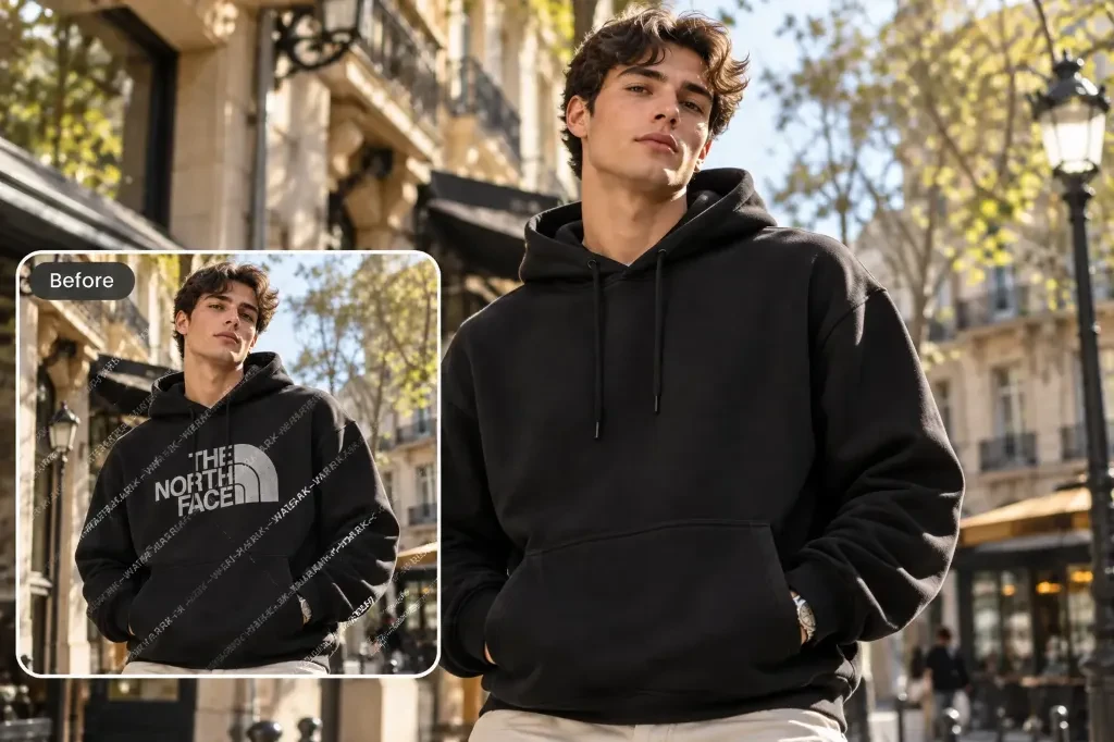 Ejemplo antes y después de quitar logotipos y marcas en ropa y sudaderas