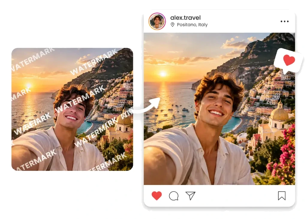 Ejemplo antes y después de quitar marcas de agua para publicaciones de Instagram y redes sociales